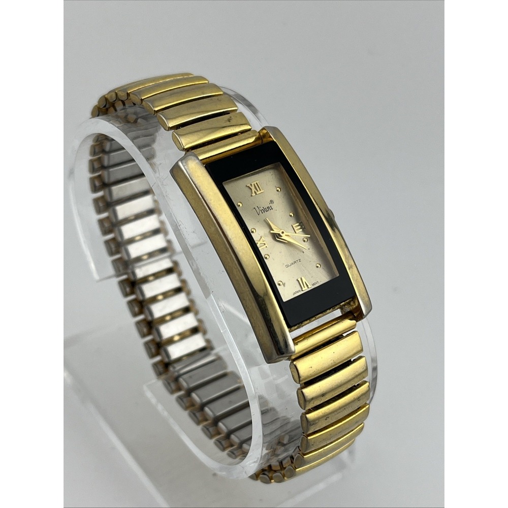 Vivani Tank Watch Women 21mm Case Gold Stretch Band- New Battery - Picture 2 of 8